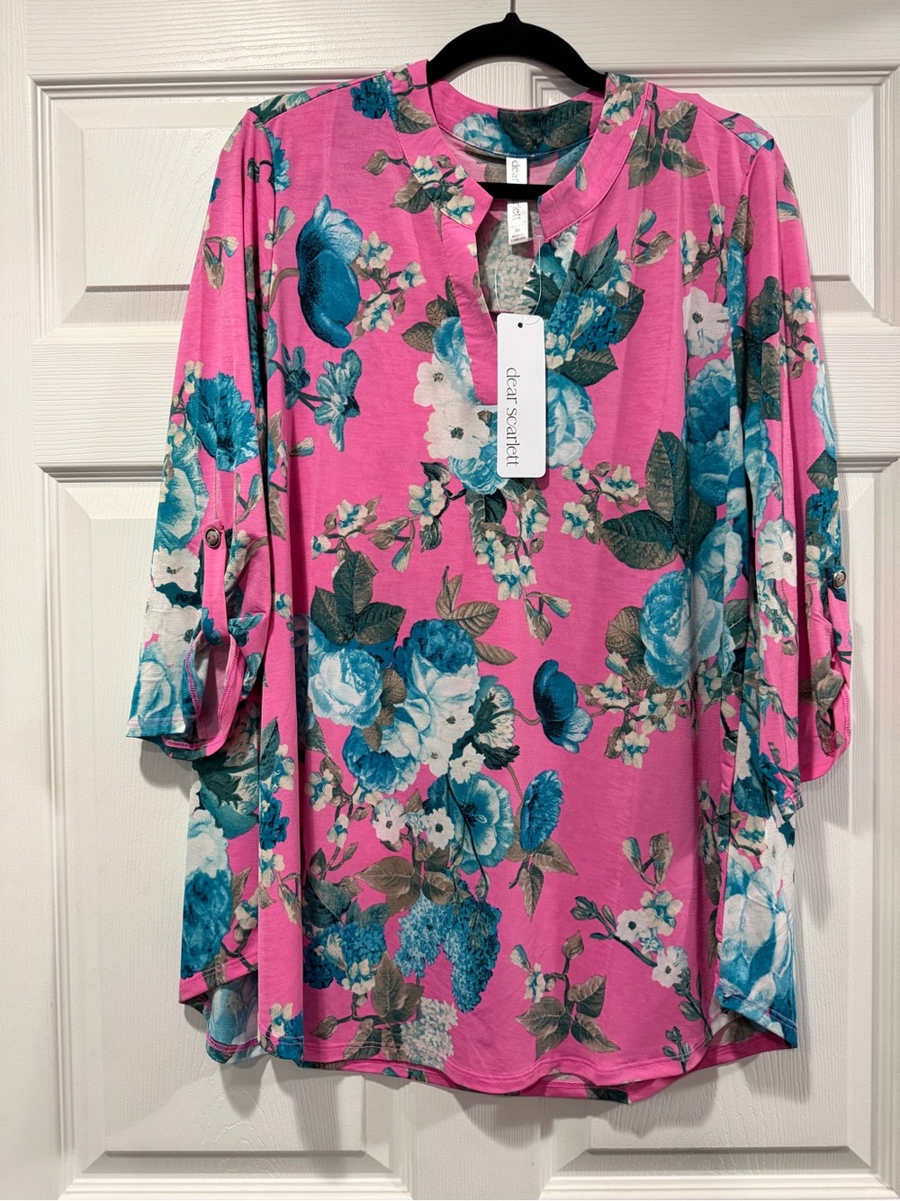 Clear Scarlet Pink Floral Split-Neck Tunic with Teal Floral Accents
